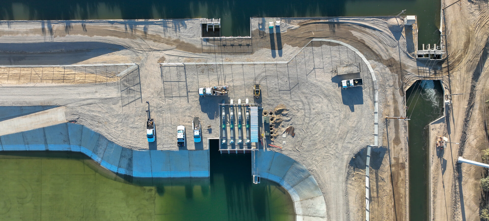 Top down view of the pump station at a reservoir.