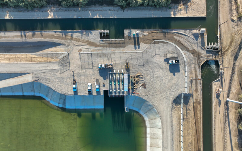 Top down view of the pump station at a reservoir.